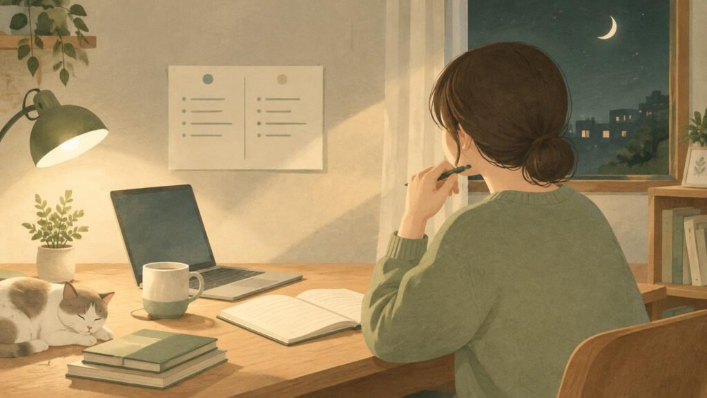 どうなるか分からない夜に、今日できる一歩を選ぶ のイメージイラスト